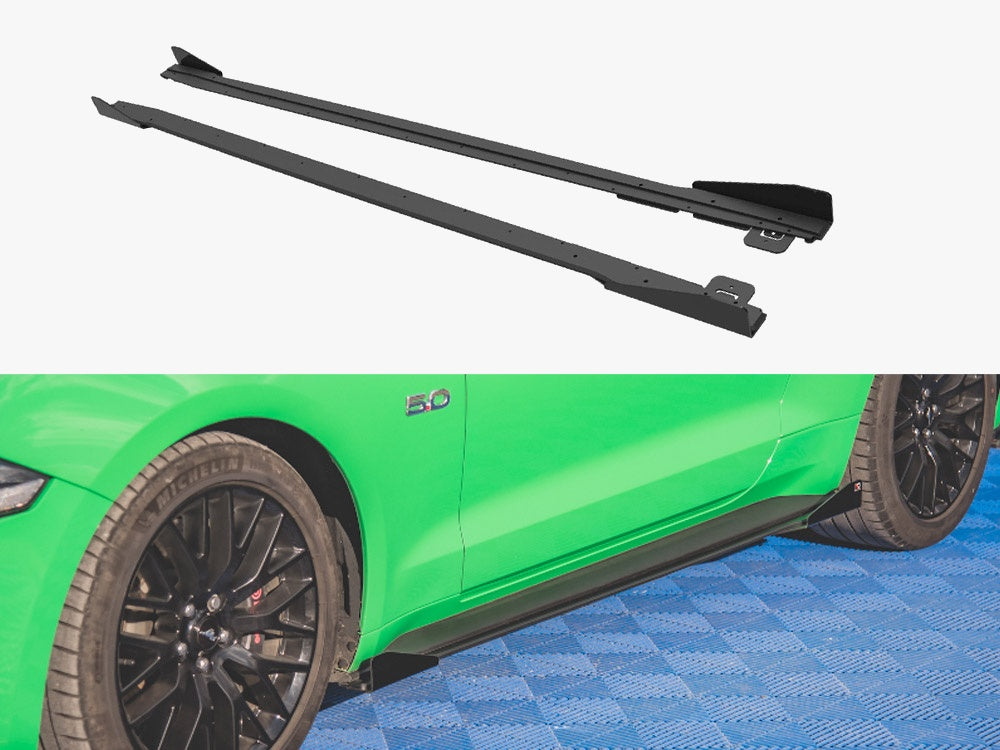Maxton Design Street PRO Side Skirts Diffusers V.1 + Flaps Ford Mustang GT Mk6 Facelift - Black-Red + Gloss Flaps