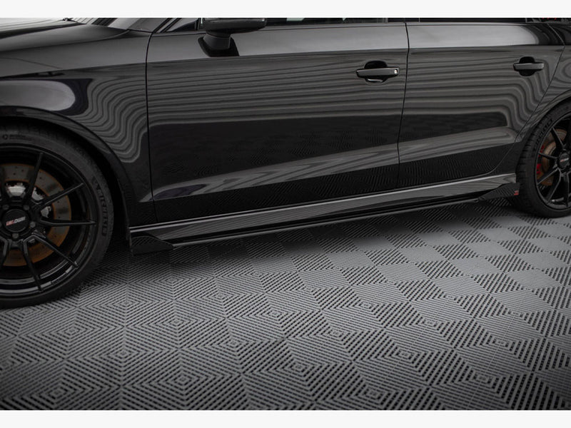 Maxton Design Street PRO Side Skirts Diffusers V.1 + Flaps Audi RS3 Sedan 8V Facelift - Black-Red + Gloss Flaps