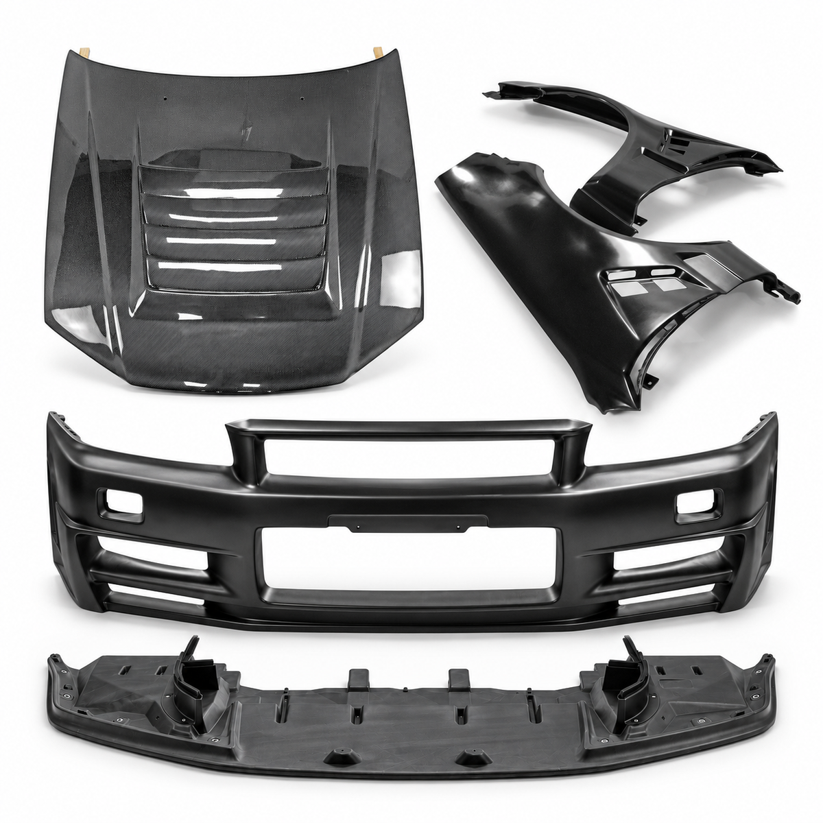 Stagea GTR conversion kit with vented front fenders, Z-Tune style bumper, carbon fibre bonnet and plastic front lip on a white background