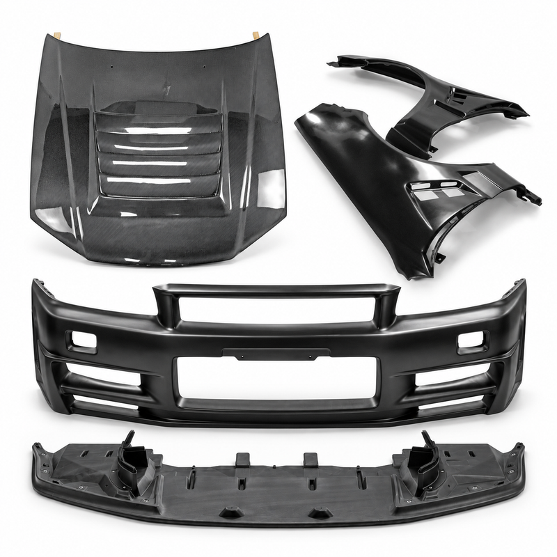 Stagea GTR conversion kit with vented front fenders, Z-Tune style bumper, carbon fibre bonnet and plastic front lip on a white background