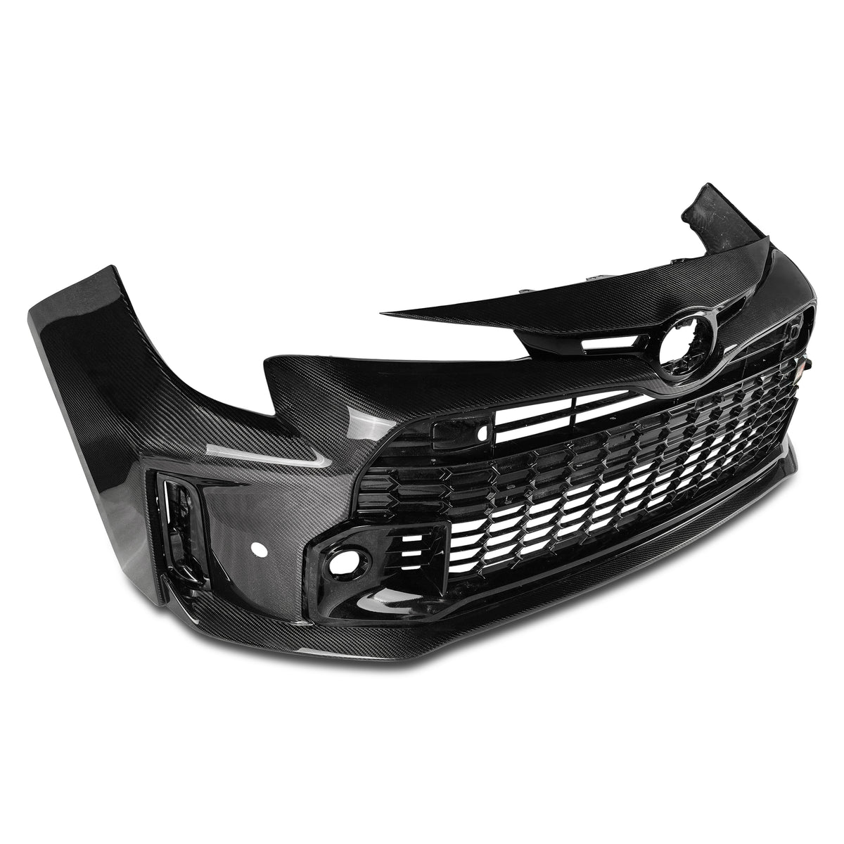 Toyota GR Corolla dry carbon fibre front bumper, three-quarter front view with grille fitted