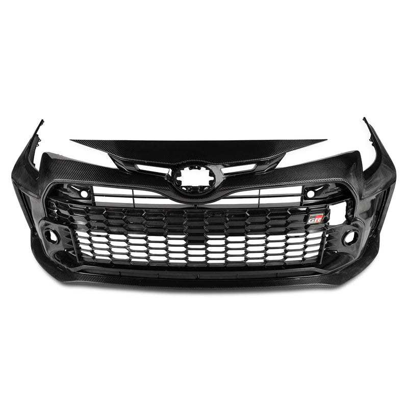 Toyota GR Corolla dry carbon fibre front bumper, straight-on front view with grille fitted