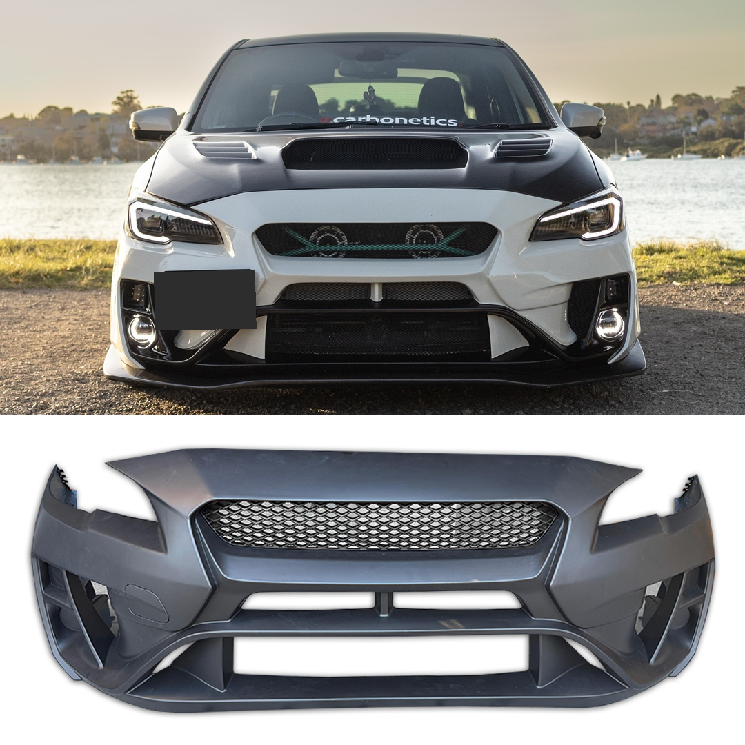 WRX VRS Arising front bumper shown fitted to a white WRX and as a separate component