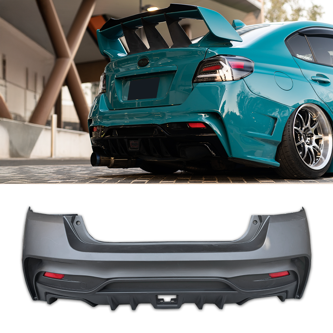 WRX VRS Arising rear bumper shown fitted to a WRX and as a separate component